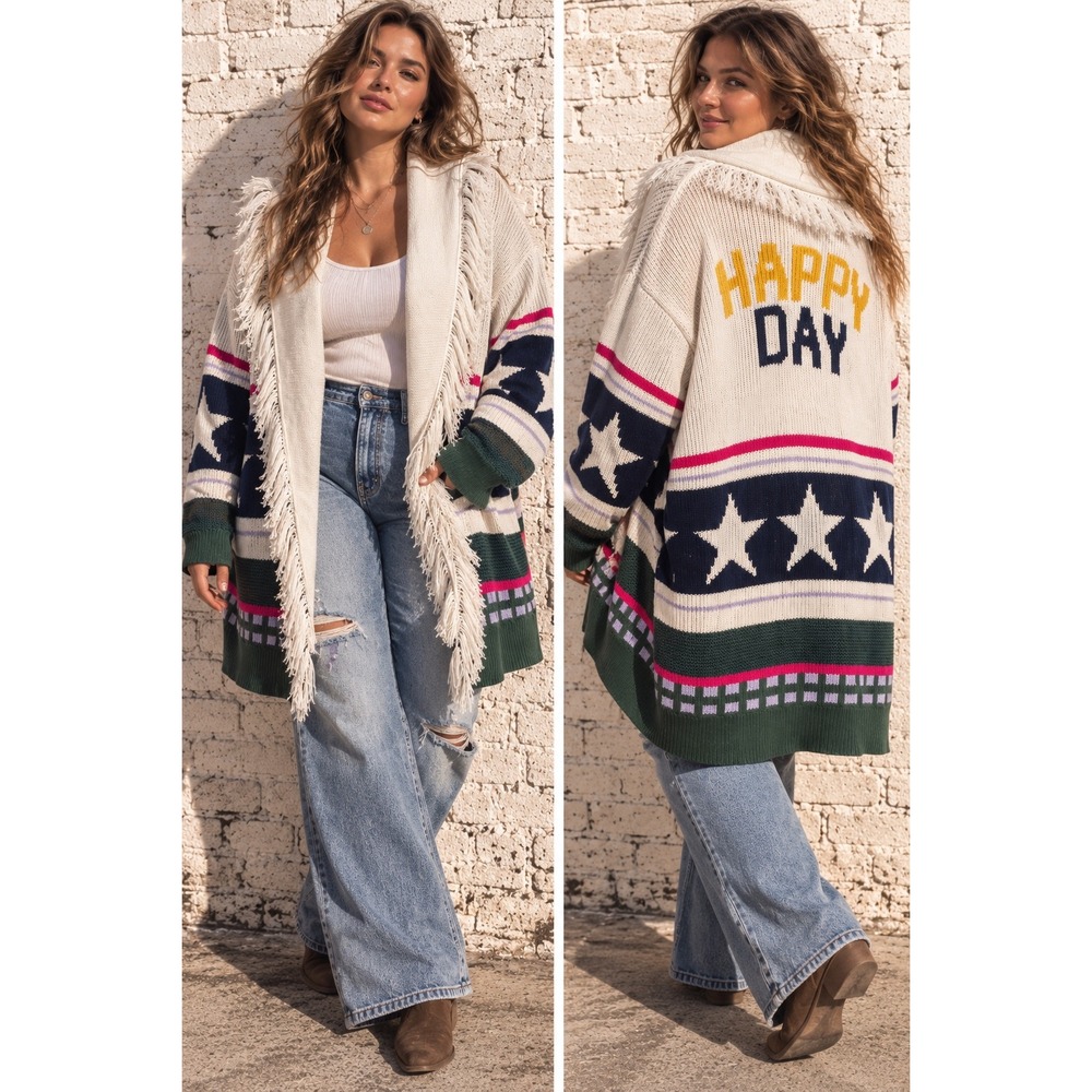 Peace Love World Cream Cotton Star Fringe Happy Day Wrap Cardigan Western 2X